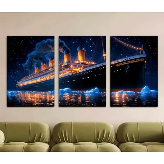 Kit 3 Quadro Decorativo Navio Titanic Noite Estrelada Iceberg Decoração Quarto Sala