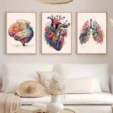 Quadro Decorativo Médico Consultório Com Padrão de Flores Anatomia do Coração, Cérebro e Pulmões, Coração Kit 3 Peças