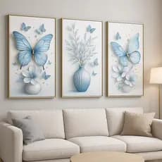 Kit 3 Quadros Borboleta Azul Vasos E Flores Charme E Delicadeza na Sua Parede