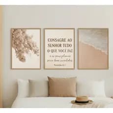 Kit 3 Quadros Decorativos Marrom e Bege Quarto Casal Sala Frase Bíblica Versículo Consagre ao Senhor