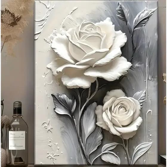 Quadro Decorativo 3D Alto Relevo Rosas Brancas e Cinza Floral 1 Peça