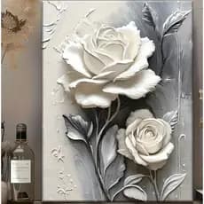 Quadro Decorativo 3D Alto Relevo Rosas Brancas e Cinza Floral 1 Peça