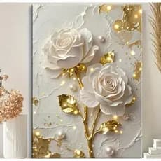 Quadro Decorativo Rosas Brancas 3D Relevo Dourado com Pérolas Luxo Sala Quarto 1 Peça