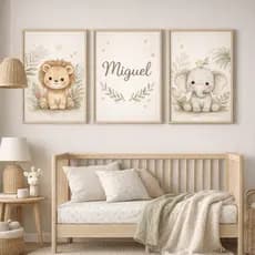 Kit 3 Quadros Safari Baby Neutro Personalizado Unisex Decoração Minimalista Quarto Infantil