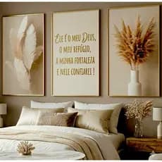 Kit 3 Quadros Decorativos Quarto Salmos Fé e Gratidão Boho Chic Minha Fortaleza