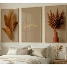 Kit 3 Quadros Decorativos Quarto Casal Boho Gratidão Tons Terrosos Folhas Secas e Vaso Gratidão