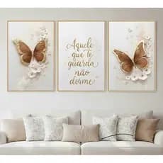 Kit 3 Quadros Decorativos Luxo Borboletas Frase Bíblica Motivacional Aquele Que Te Guarda Não Dorme