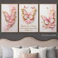 Kit 3 Quadros Decoração Quarto Menina Borboleta Rosa  Guarde Me Senhor Como a Menina Dos Teus Olhos