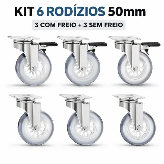 Kit 6 Rodízios 50mm 300kg Silicone Gel - 3 com Trava 3 Sem Freio Rodinha Carga Pesada