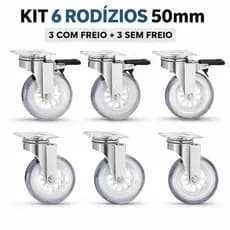 Kit 6 Rodízios 50mm 300kg Silicone Gel - 3 com Trava 3 Sem Freio Rodinha Carga Pesada