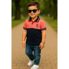 Camisa Polo ou Body Polo Infantil Goiaba com Marinho PREMIUM
