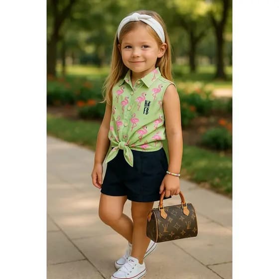 Camisa Social Sem Manga Flamingos Feminina Infantil