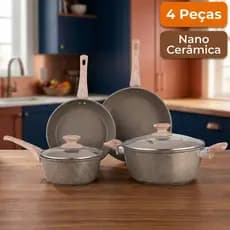 Jogo De Panelas Antiaderente 4 Peças Indução Gás Conjunto Com Revestimento Cerâmica Kit Tampa Vidro