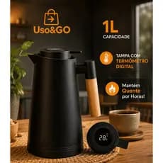 Garrafa Térmica Café Chá Termômetro Digital  1 Litro Cabo de Madeira