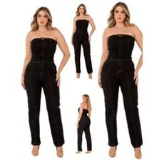 Macacão Flare Jeans Feminino Tomara Que Caia Liso Lycra
