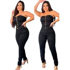 Macacão Tomara Que Caia Jeans Feminino Laycra Mulher
