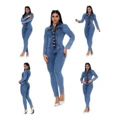Macacão Manga Longa Bufante Jeans Feminino Longo Desejos
