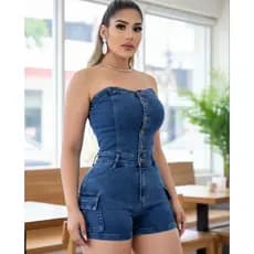 Macacão Tomara Que Caia Jeans Feminino Curto Moda Jovem