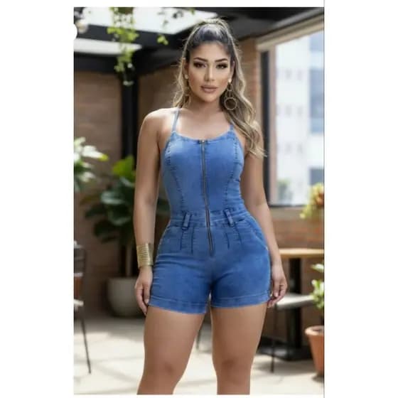 Macacão Jeans Feminino Curto Modinha Blogueira Rubi