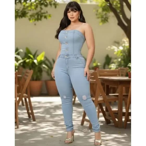 Macacão Tomara Que Caia Jeans Feminino Destróide Liso