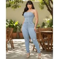 Macacão Tomara Que Caia Jeans Feminino Destróide Liso
