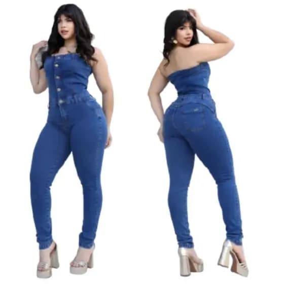 Macacão Tomara Que Caia Jeans Feminino Skkiny Tradicional Laycra