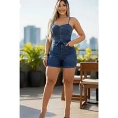 Macacão Jeans Feminino Curto Alcinha Blogueira Verão