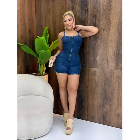 Macacão Short Jeans Feminino Alça Moda Verão