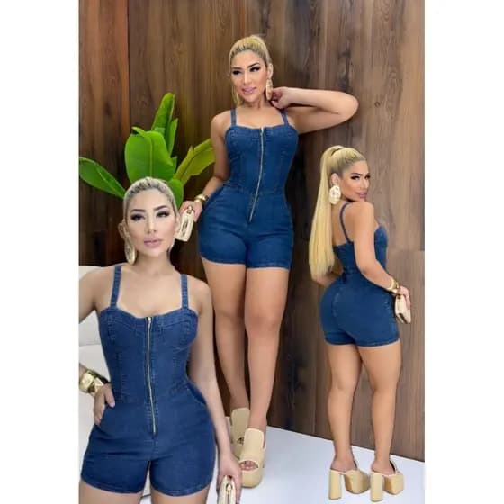 Macacão Jeans Feminino Curto Alcinha Verão 2025