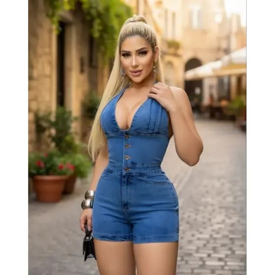 Macacão Jeans Feminino Curto Laycra Regata