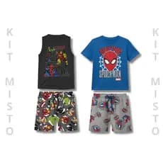 Kit Misto 4 Peças 2 Conjunto Infantil Masculino 1 Regata e 1 Camiseta - Roupas de Verão Menino