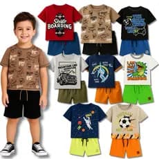 Kit Sortido 3 Conjuntos Coleção Masculino Camisetas + Bermudas Menino Infantil Verão - 6 Peças