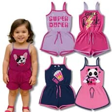 Kit 2 Macacão Menina Estampas Divertidas Coloridas - Macaquinho Feminino Verão Infantil