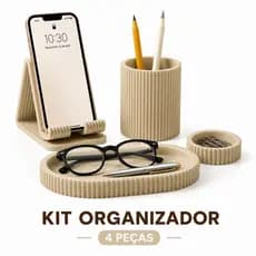 Kit Organizador de Mesa Escritório 4 Peças Porta Caneta Suporte Celular Bandeja Multiuso Porta Lápis
