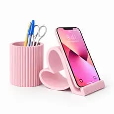 Kit Porta Caneta + Suporte Celular Coração Organizador de Mesa Home Office Decorativo Moderno