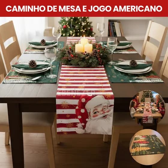 Kit Jogo Americano C/ Caminho De Mesa Natalino 5 Peças Mesa Posta Luxo Premium