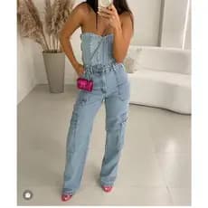 Calça Jeans wide leg feminina pantalona Bolsos grandes