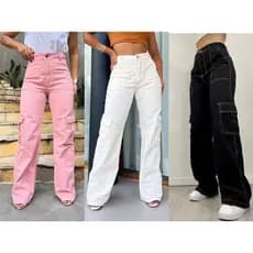Calça Cargo Calça Jeans wide leg Feminina Moda Street Tecido Algodão Premium