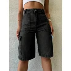 Shorts jeans feminina Bermuda cargo de bolso cintura alto Short Cargo Street Tecido Algodão Premium