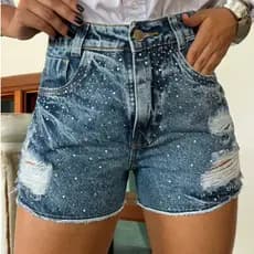 Short de brilho Jeans Feminino short rasgada Cintura Alta  Confortável Qualidade premium Elegante Casual plus size
