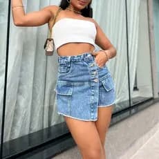 Short saia Jeans  Cintura Alta com botões Femininas Modal Jeans sem lycra