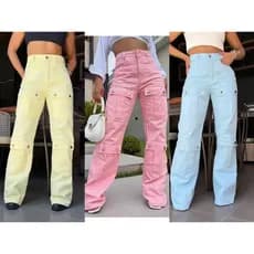 Calça Cargo Jeans  FEMININA de mais bolso / wide leg /Colorida /Pantalona Feminina Moda Street  Tecido Algodão Premium