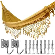 Kit Rede de Dormir Amarela Casal + Ganchos Costura Reforçada