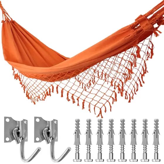 Kit Rede de Dormir Casal Laranja + Ganchos Costura Reforçada