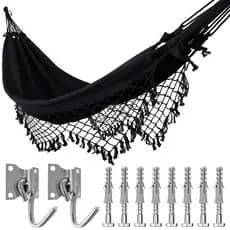 Kit Rede de Dormir Casal Preta + Ganchos Costura Reforçada
