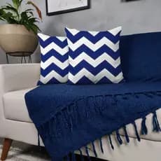 Kit Manta Para Sofá Azul + 2 Capas De Almofada Com Zíper