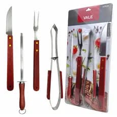 Kit Churrasco Faca Pegador Garfo Trinchante Chaira Afiador Aço Inox Cabo Longo Madeira 4 Peças