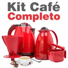 Kit Café Completo Garrafa Termica Chaleira Elétrica Porta Filtro Coador Açucareiro Vermelho 220v