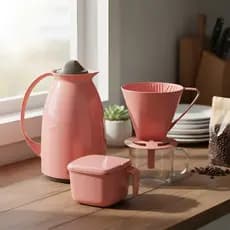 Kit Garrafa Térmica 650ml Suporte Filtro Açucareiro 350ml Conjunto Café Prático Rosa