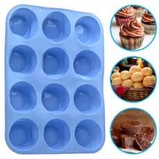 Assadeira Forma De Silicone 12 Cavidades Pão De Queijo Forminha Cupcake Muffin Bolinho Azul Claro